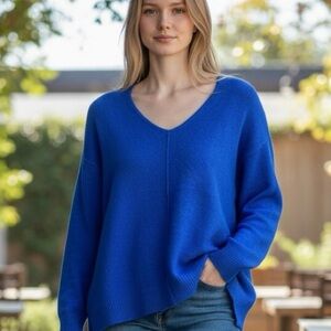 Vince Camuto Sweater Top V-Neck Royal Blue Long Sleeve Ribbed Hem Slits 1X